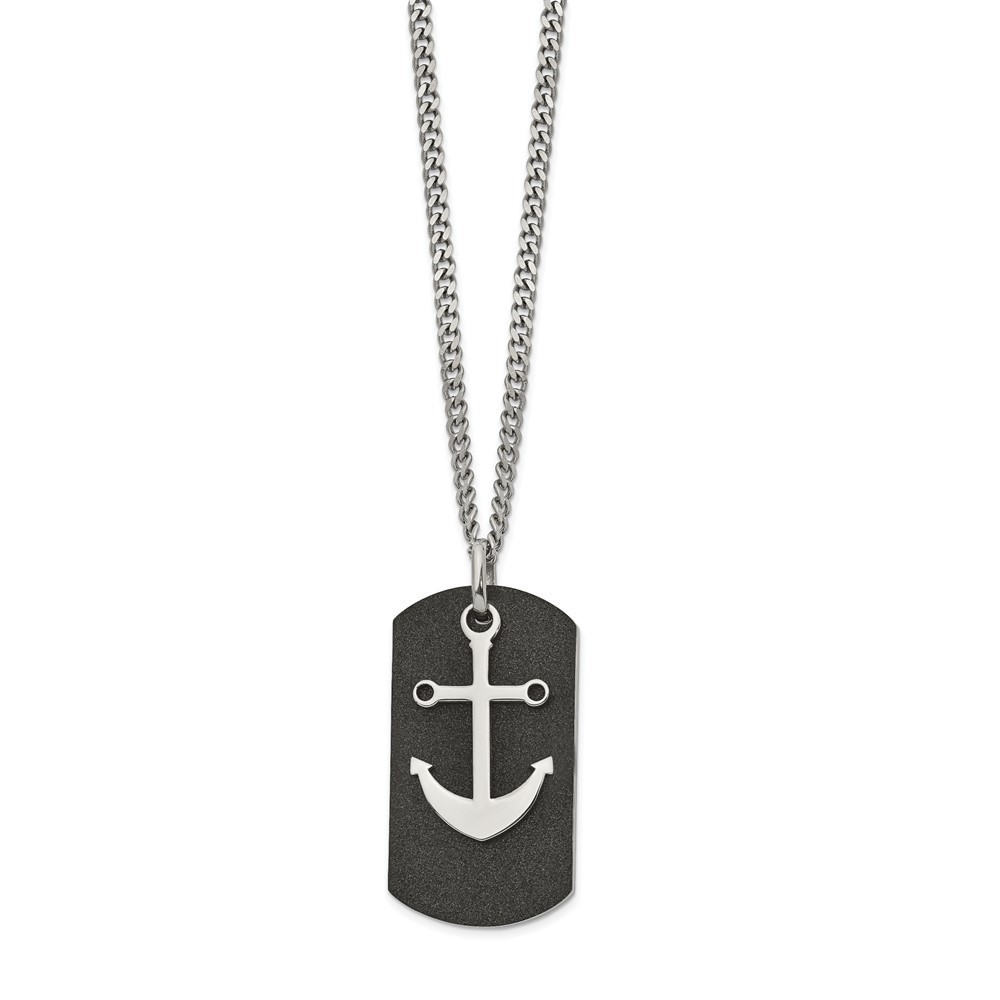 Stainless Steel Polished Men's Black IP-plated Laser cut Anchor 22in Necklace